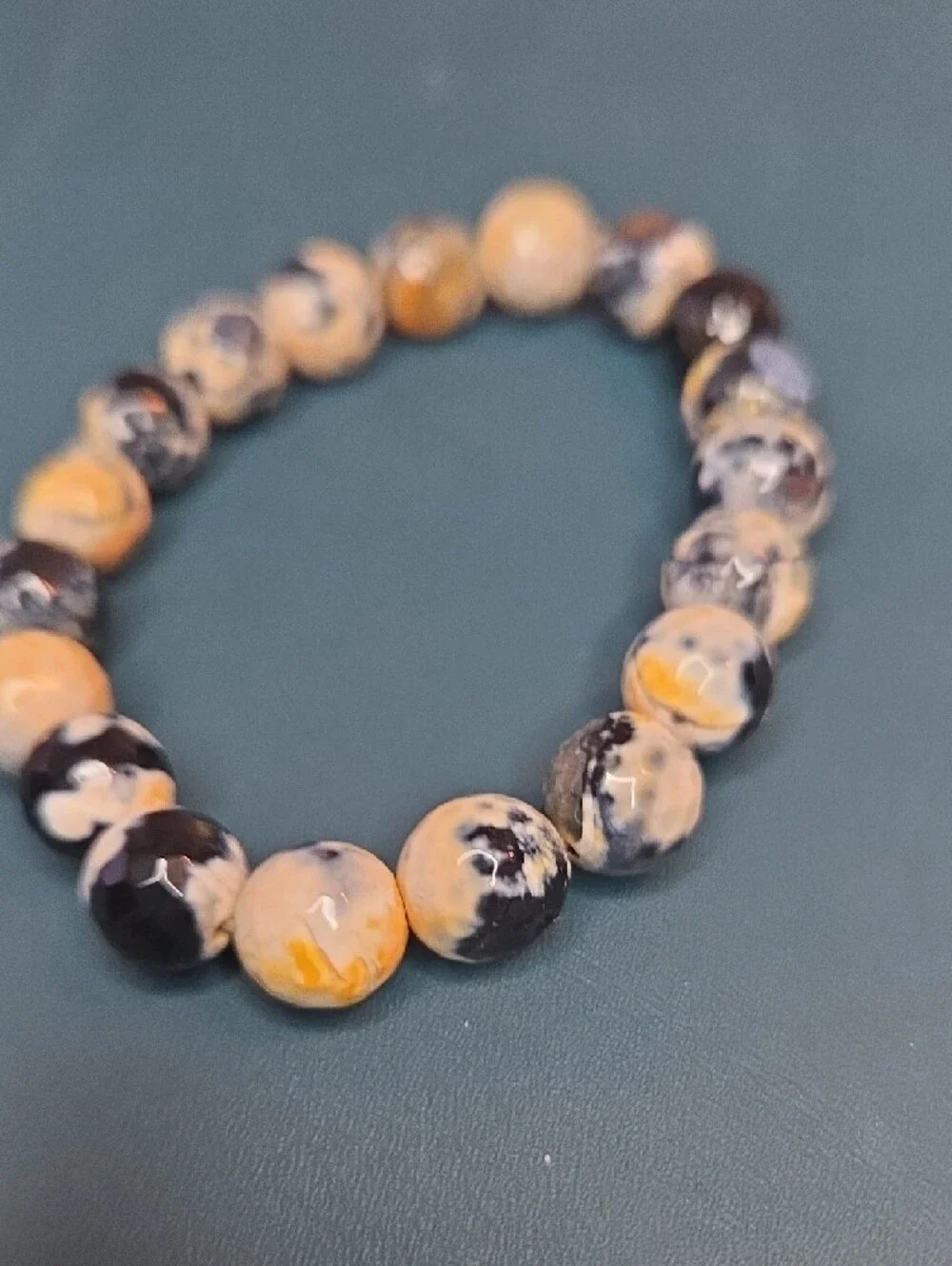 Polished Yellow-Black Agate Beaded Stretch Bracelet - Women Jewelry
